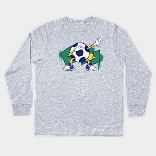 Dabbing Soccer Ball Cartoon Brazil Brasil Flag Football Kids Long Sleeve T-Shirt